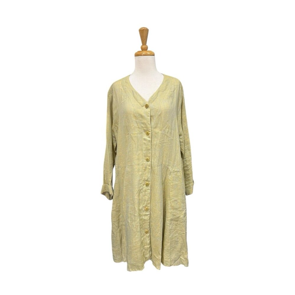 Flax By Jeanne Engelhart Button Up Green Mini Dress Size M Medium